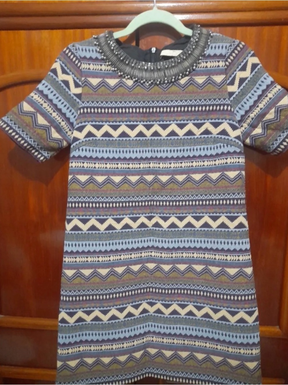 Aquamar Beaded Neckline Patterned Shift Dress in Blue and Cream